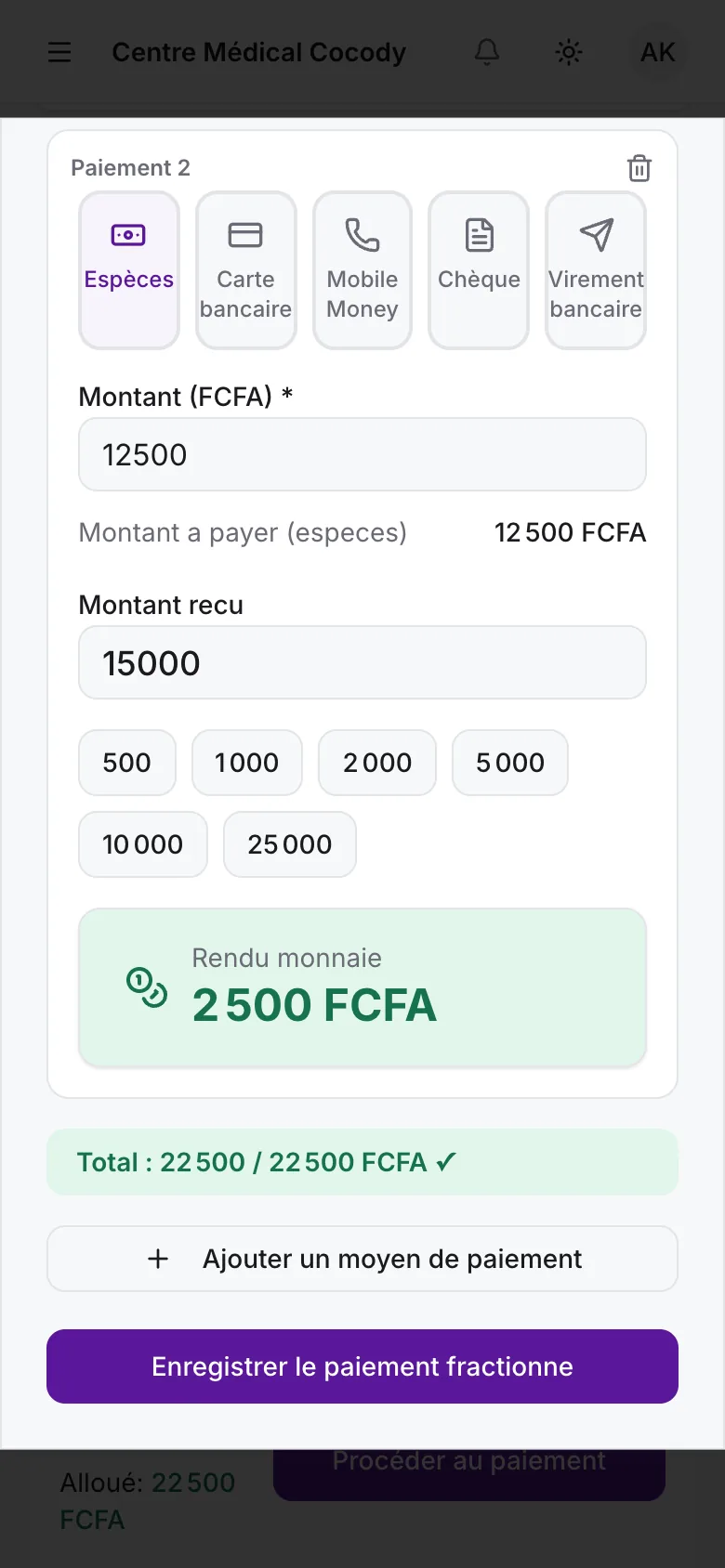 Encaissement sur téléphone avec calcul du rendu de monnaie