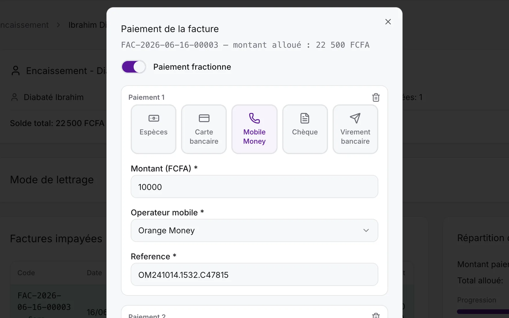 Paiement fractionné : Mobile Money Orange Money avec référence, puis espèces